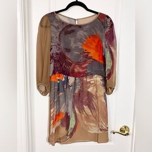 Tibi SILK Abstract Floral Sheer Wrap Style Long Sleeve Mini Dress Tan Size 4